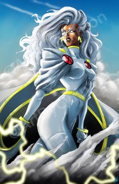 an image of a woman with white hair in the air and lightning coming out of her body