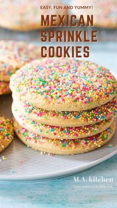 mexican sprinkle cookies are stacked on a plate