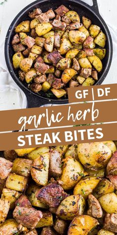 garlic herb steak bites in a cast iron skillet with text overlay that reads garlic herb steak bites