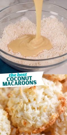 coconut macaroni and cheese is being poured into a bowl with the ingredients in it