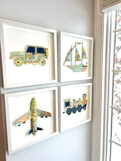 three framed pictures are hanging on the wall in front of a window with an airplane, truck and boat