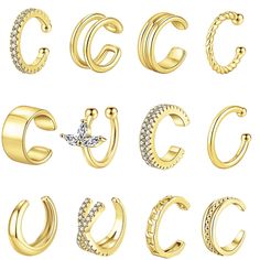 various types of gold earrings and rings