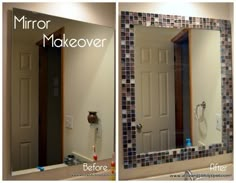 the before and after photos of a bathroom mirror makeover with tile on it's sides