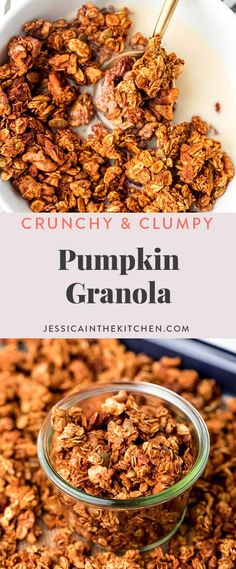 pumpkin granola in a glass bowl with a spoon