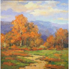 an oil painting of trees in the fall