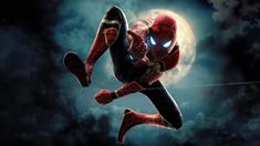 the amazing spider - man is flying through the night sky