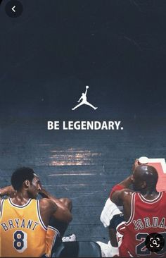 two basketball players sitting next to each other in front of a sign that says, be legendary