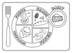 a black and white image of a plate with different foods on it, including cheese, bread