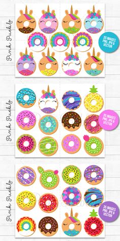 an assortment of doughnuts with unicorn faces on them, all decorated in different colors