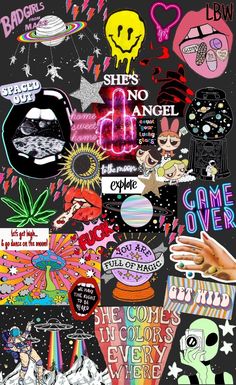 a collage of various stickers on a black background