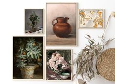 a bunch of pictures hanging on the wall with flowers in vases and other items