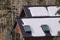 two windows on the roof of a small cabin in the woods with snow covering them