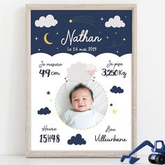 a baby's birth announcement is displayed in front of a white wall with blue clouds and stars