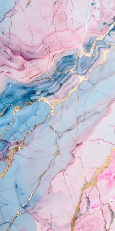 an abstract painting with blue, pink and gold streaks on it's surface is featured in this image