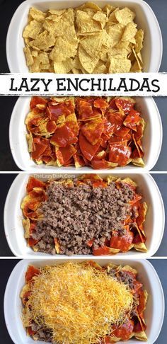 four different types of lasagna lunches in white dishes with the words lazy enchiladas above them