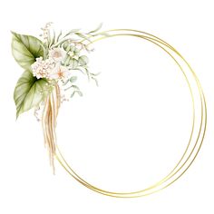 a white and green flower arrangement in a gold circle