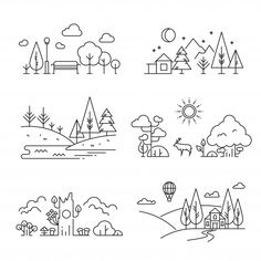 set of linear trees and houses in the forest