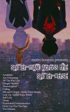 an advertisement for spider - man across the spider - verse, featuring two men in black suits