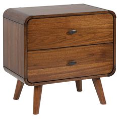 a wooden nightstand with two drawers on one side and an open drawer on the other