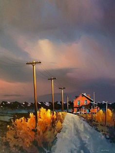 an oil painting of a road with telephone poles and houses in the distance under a cloudy sky