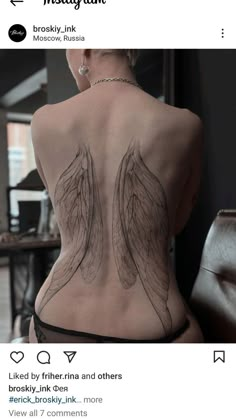 the back of a woman's body with angel wings on her back and chest