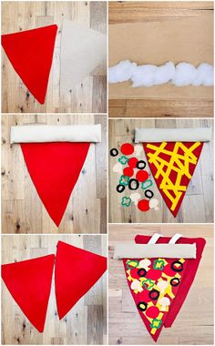 the steps to make a triangle shaped christmas tree ornament with felt and buttons