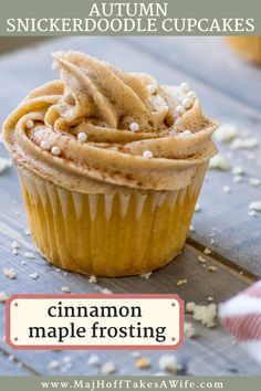 cinnamon maple frosting in a cupcake on a wooden table with text overlay