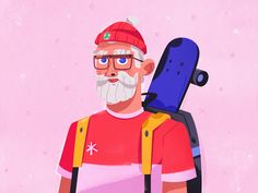 an old man with a beard holding a snowboard in his hand and wearing glasses