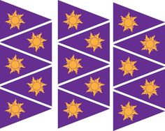 the flags are purple with yellow sun designs on them