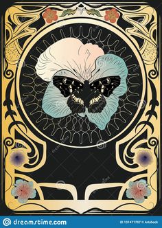 an art nouveau poster with flowers and butterflies in the center, on a black background