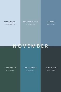 the words november are shown in different colors and font styles, including blue, green, black