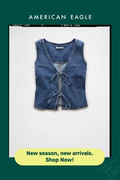 AE denim/V-neck/Bowtie detail Denim Vest Pattern Sewing, Denim Tie Top, Fitted Denim Vest, Fun Clothes Aesthetic, Zara Denim Top, Denim Vest Diy, Denim Tops Women, Cute Style Outfits, Christmas Casual Outfits