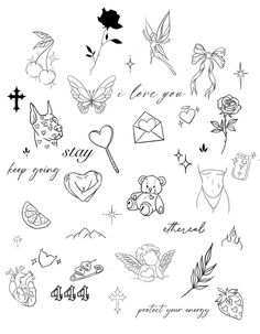 some tattoos are drawn in black ink and have hearts, roses, arrows, stars, and other symbols