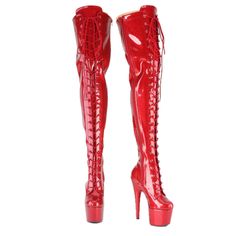 Brand New In Original Box - Pleaser Brand Red Glitter Patent 7" (178mm) Heel, 2 3/4" (70mm) Platform Lace-Up Front Thigh High Boots Fully Wrapped Platform Bottom Full-Length Inner Side Zip Closure Red Platform Boots For Party, Red High Heel Platform Boots For Party, Red Fitted High Heel Platform Boots, Fitted Red High Heel Platform Boots, Red High Heel Boots For Club, Red Platform Boots With Red Sole For Party, Red Glamorous Boots, Glamorous Red Boots, Glamorous Red Fitted Boots