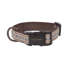 the pendleton dog collar in brown and white with an ornate design on it's side