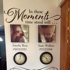 there are three clocks on the wall and two baby pictures in front of each clock