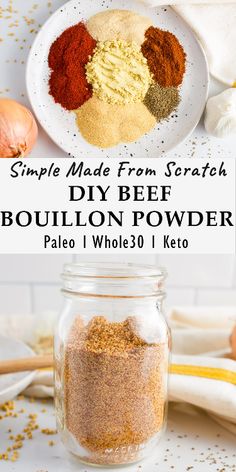 the ingredients to make this homemade diy beef bouilon powder in a glass jar