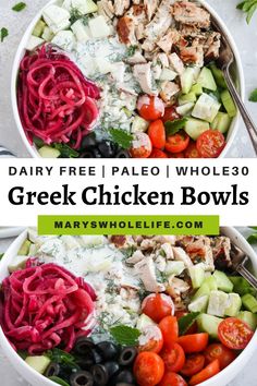 two bowls filled with greek chicken bowls