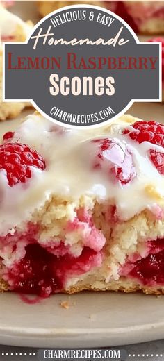 lemon raspberry scones on a plate with the title text overlay reads delicious and easy lemon raspberry scones