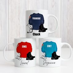 three coffee mugs with different colored sweaters on them and the words emt, paramedic, chuck