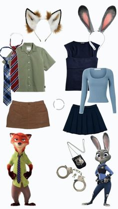 several different outfits and accessories are arranged in the shape of an animal's head