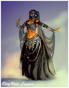 a drawing of a belly dancer in black and silver clothing with her arms outstretched out