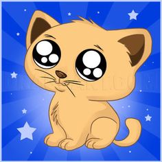 a cartoon cat with big eyes sitting in front of a blue background and white stars