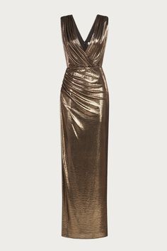 Misha Gown In Metallic Jersey Copper Dress, Bronze Dress, Shimmer Dress, Maxi Dress Cocktail, Knitwear Tops, Dress Backs, Formal Occasion, Jumpsuit Dress, Floor Length