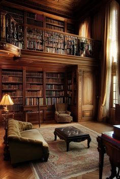 a living room filled with lots of furniture and bookshelves covered in bookcases