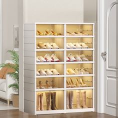 an open shoe rack in a living room with white walls and wooden floors, filled with high heeled shoes