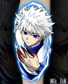 an anime character with white hair and blue eyes, holding his hands up to his chest