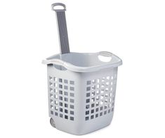 a white laundry basket with a handle on the side and a gray plastic brush in it