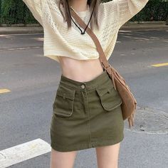 NEW STYLE Vintage Y2k Green Cargo Skirt Women Retro Streetwear 90s Pocket Patchwork High Waist A-line Denim Mini Skirt Korean 1Measurement In CM size Waist(cm) Hips (cm) Length(cm) S 64 84 40 M 68 88 41 L 72 92 42 XL 76 96 43 Notes:Please consult the customer service staff before purchase.Order size is Asian Size , It is smaller than US,UK,AU,EU size.please tell us your height and weight,we will suggest you the correct size.1,We mainly operate some personality street clothes. please pay attentio Green Cargo Skirt, Fashion Outfits Summer, Cargo Outfit, Skirt Korean, Clothes Y2k, Street Clothes, 2000s Clothes, Streetwear 90s, Retro Streetwear