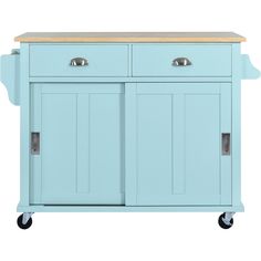 a blue kitchen island with two drawers on wheels